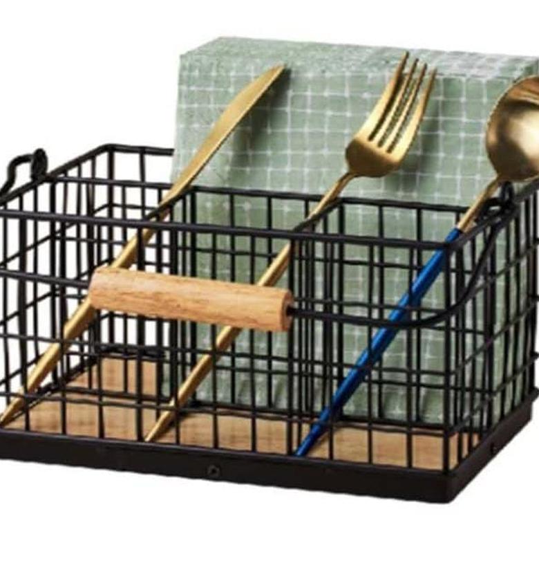 Metallic cutlery organizer with wooden base and handle. image