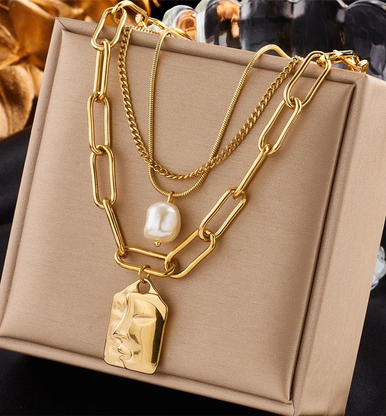 Layered Gold Pearl Necklace Set – Stainless Steel image